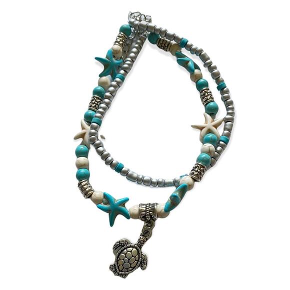 Turtle & Starfish Turquoise Silver NEW Double Strand Anklet 11” - Picture 1 of 1